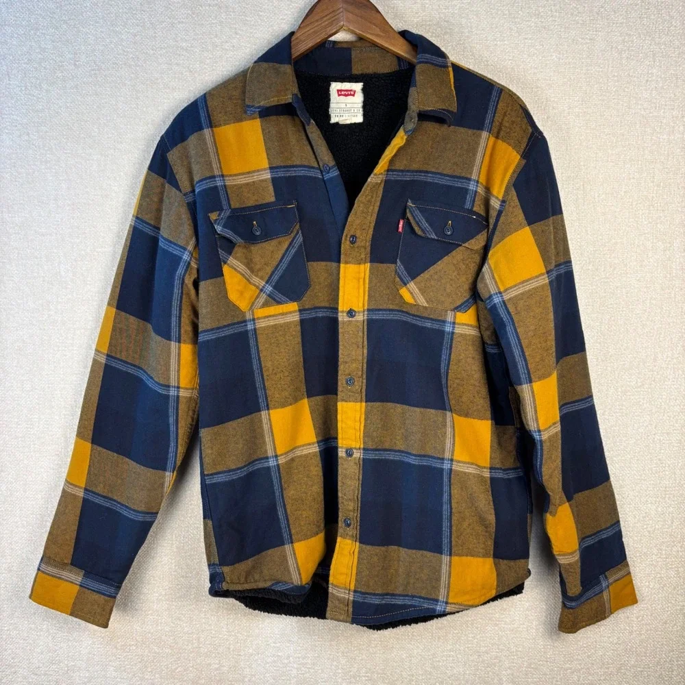 Levis Mens Sherpa Lined Flannel Shirt Jacket Plaid Yellow Navy Blue Size Small